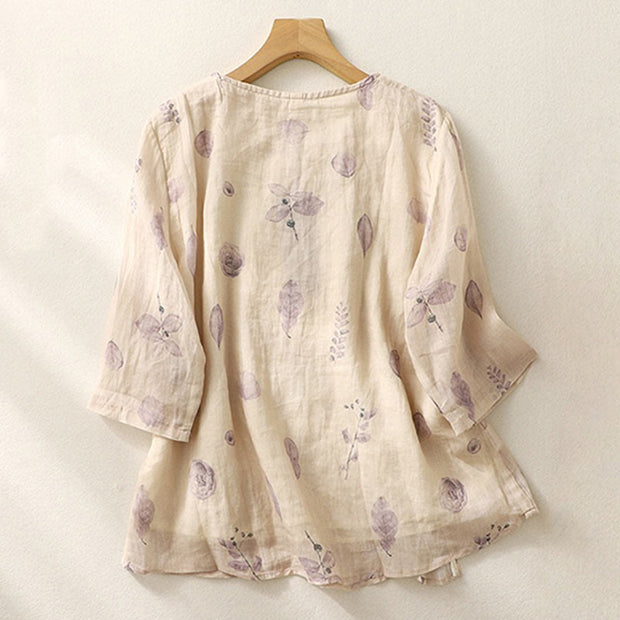 Buddha Stones Embroidery Design Leaves Women's Cotton Linen Three Quarter Sleeve Shirt