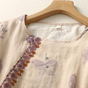 Buddha Stones Embroidery Design Leaves Women's Cotton Linen Three Quarter Sleeve Shirt