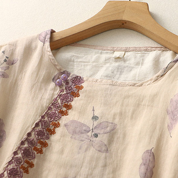 Buddha Stones Embroidery Design Leaves Women's Cotton Linen Three Quarter Sleeve Shirt