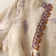 Buddha Stones Embroidery Design Leaves Women's Cotton Linen Three Quarter Sleeve Shirt