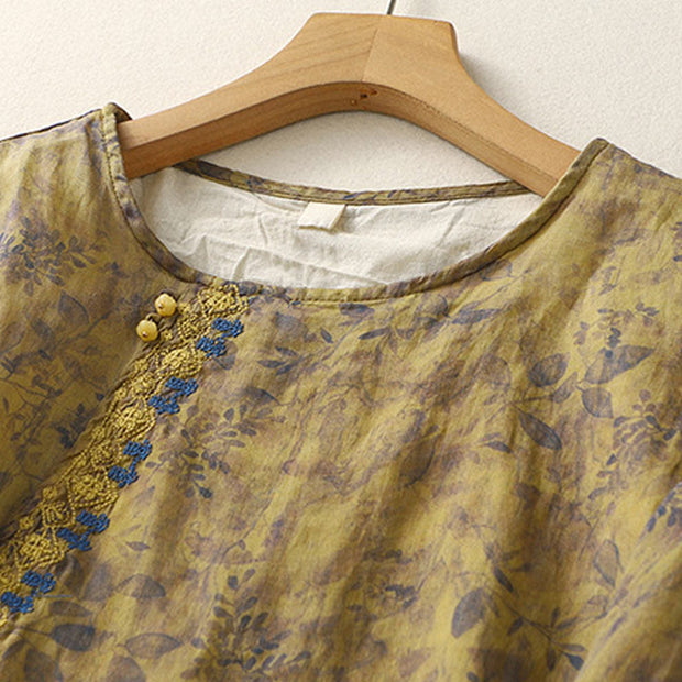 Buddha Stones Embroidery Design Leaves Women's Cotton Linen Three Quarter Sleeve Shirt