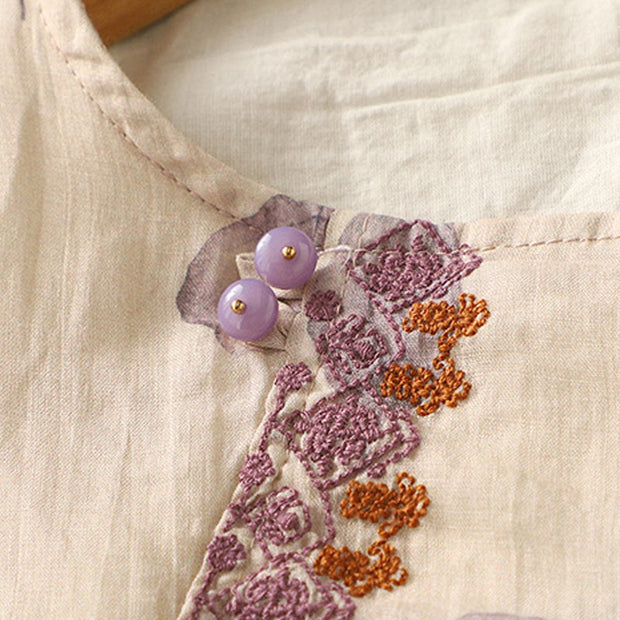 Buddha Stones Embroidery Design Leaves Women's Cotton Linen Three Quarter Sleeve Shirt