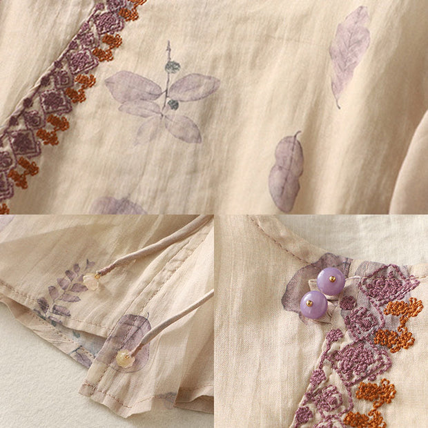 Buddha Stones Embroidery Design Leaves Women's Cotton Linen Three Quarter Sleeve Shirt