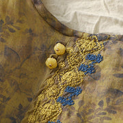 Buddha Stones Embroidery Design Leaves Women's Cotton Linen Three Quarter Sleeve Shirt