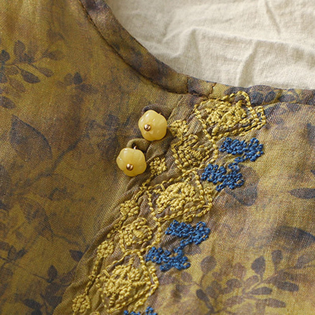 Buddha Stones Embroidery Design Leaves Women's Cotton Linen Three Quarter Sleeve Shirt