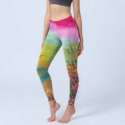 Buddha Stones Blooming Flower Bird Pattern Print Gym Leggings Women's Yoga Pants - YellowGreen - US18，UK/AU22，EU50 (4XL) - image 1