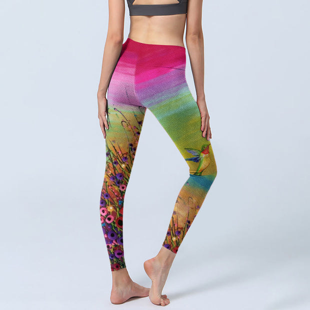 Buddha Stones Blooming Flower Bird Pattern Print Gym Leggings Women's Yoga Pants - image 4