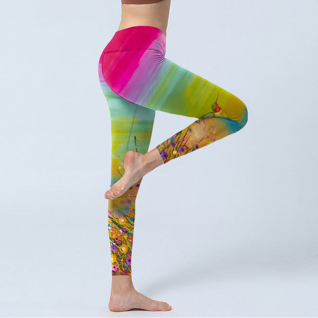 Buddha Stones Blooming Flower Bird Pattern Print Gym Leggings Women's Yoga Pants - image 5