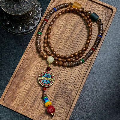 Buddha Stones Tibetan Handmade Coconut Shell Schima Wood Great Bright Mantra Copper Bead Balance Necklace Pendant