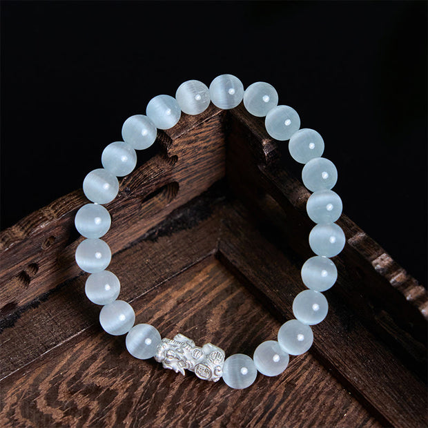 Buddha Stones Natural Cat's Eye Beads 990 Sterling Silver Pixiu Positive Bracelet