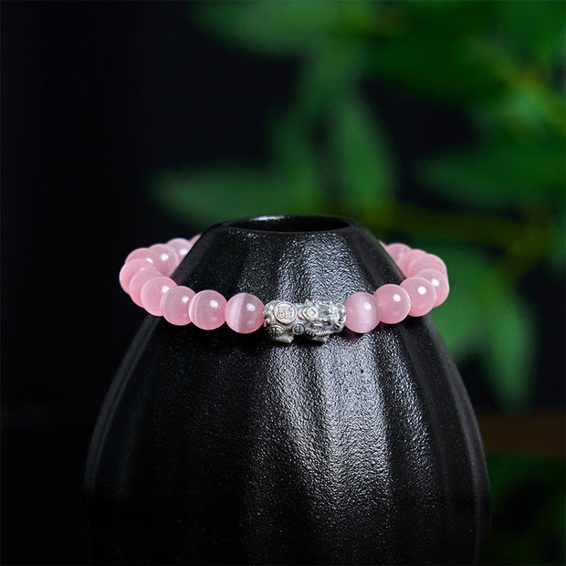Buddha Stones Natural Cat's Eye Beads 990 Sterling Silver Pixiu Positive Bracelet