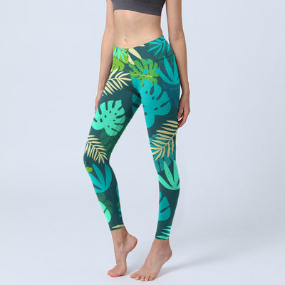 Buddha Stones Various Shapes Of Leaves Pattern Print Gym Leggings Women's Yoga Pants - DarkGreen - US18，UK/AU22，EU50 (4XL) - image 1