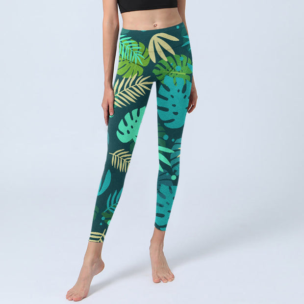 Buddha Stones Various Shapes Of Leaves Pattern Print Gym Leggings Women's Yoga Pants - image 6