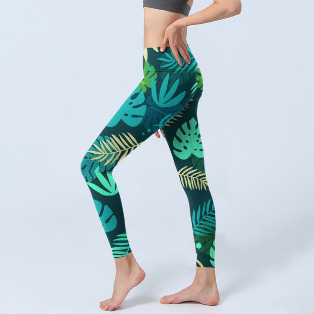Buddha Stones Various Shapes Of Leaves Pattern Print Gym Leggings Women's Yoga Pants - image 3
