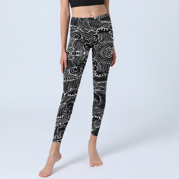 Buddha Stones White Line Waves Pattern Print Gym Leggings Women's Yoga Pants - image 6