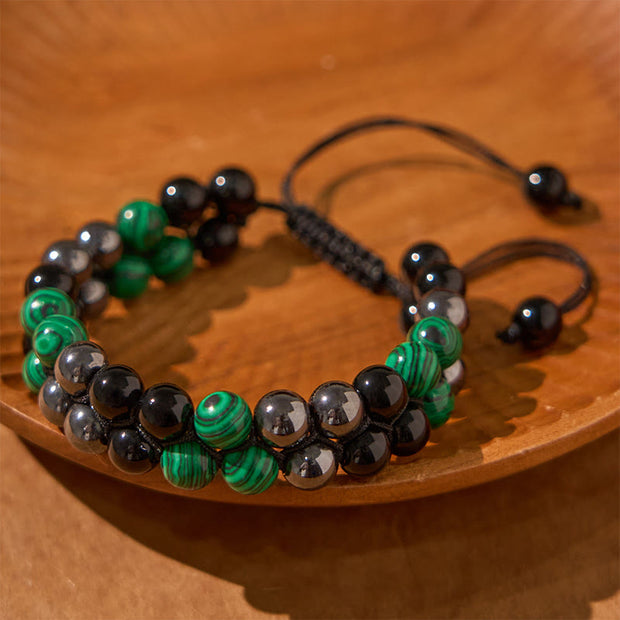 Buddha Stones Natural Malachite Black Magnetite Black Obsidian Double Row Beads Anti-Anxiety Bracelet
