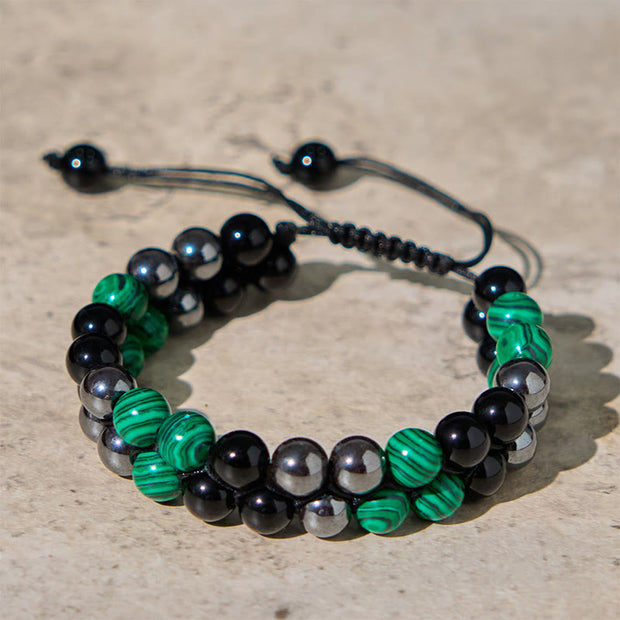 Buddha Stones Natural Malachite Black Magnetite Black Obsidian Double Row Beads Anti-Anxiety Bracelet