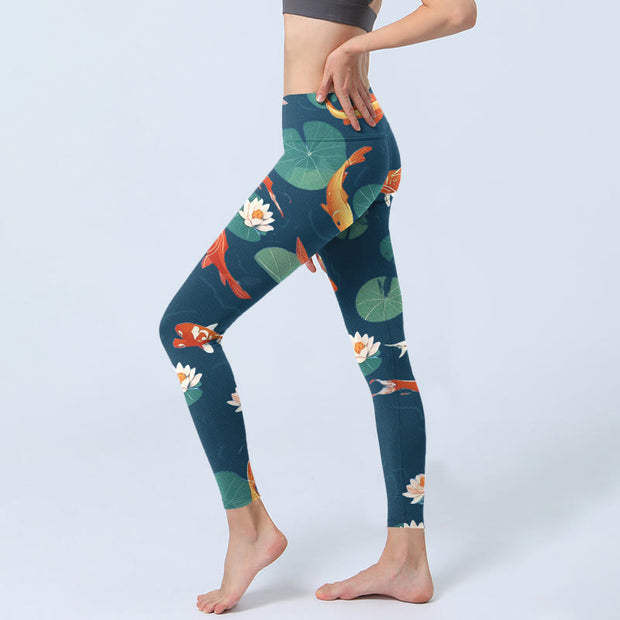 Buddha Stones Koi Fish Lotus Flower Lotus Leaves Pattern Print Gym Leggings Women's Yoga Pants - image 3