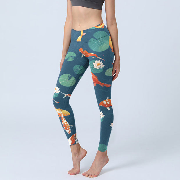 Buddha Stones Koi Fish Lotus Flower Lotus Leaves Pattern Print Gym Leggings Women's Yoga Pants