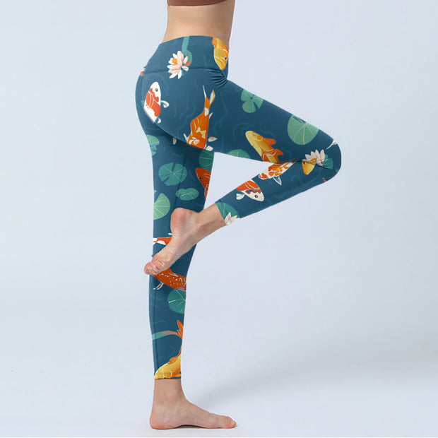 Buddha Stones Koi Fish Lotus Flower Lotus Leaves Pattern Print Gym Leggings Women's Yoga Pants - image 5