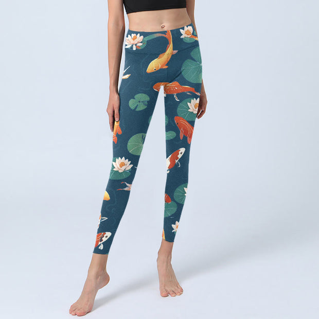 Buddha Stones Koi Fish Lotus Flower Lotus Leaves Pattern Print Gym Leggings Women's Yoga Pants - image 6