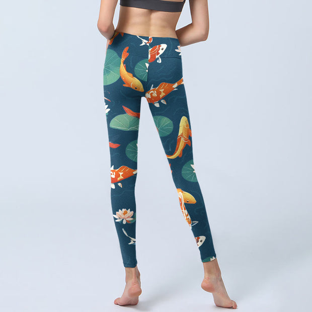 Buddha Stones Koi Fish Lotus Flower Lotus Leaves Pattern Print Gym Leggings Women's Yoga Pants - image 7