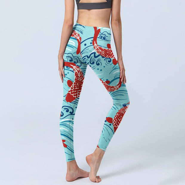 Buddha Stones Koi Fish Wave Pattern Print Gym Leggings Women's Yoga Pants - image 4