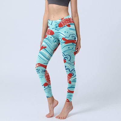 Buddha Stones Koi Fish Wave Pattern Print Gym Leggings Women's Yoga Pants - Cyan - US18，UK/AU22，EU50 (4XL) - image 1