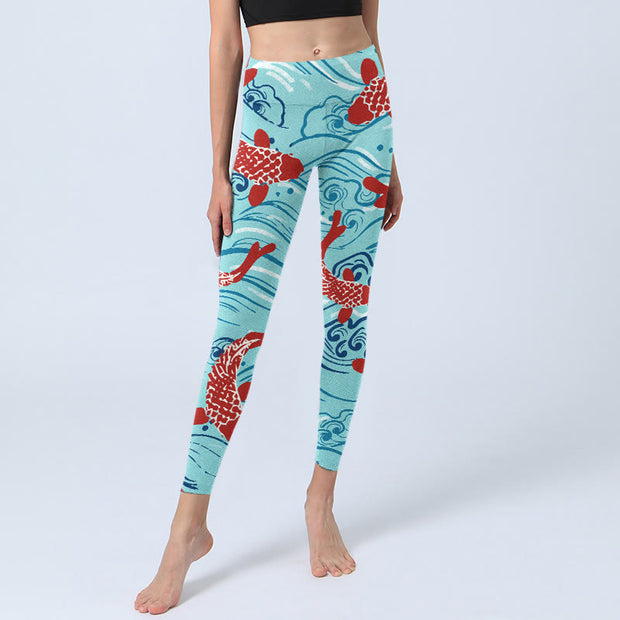 Buddha Stones Koi Fish Wave Pattern Print Gym Leggings Women's Yoga Pants
