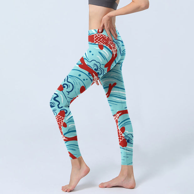 Buddha Stones Koi Fish Wave Pattern Print Gym Leggings Women's Yoga Pants