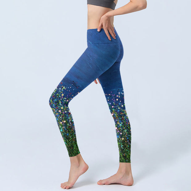 Buddha Stones Grass Flower Pattern Print Gym Leggings Women's Yoga Pants - image 3