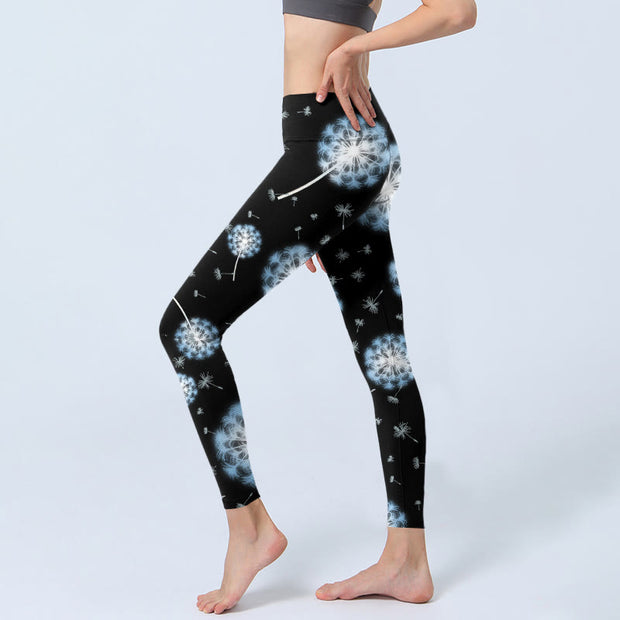 Buddha Stones White Dandelion Pattern Print Gym Leggings Women's Yoga Pants