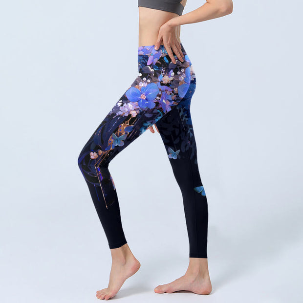 Buddha Stones Purple Flower Butterfly Pattern Print Gym Leggings Women's Yoga Pants - image 3