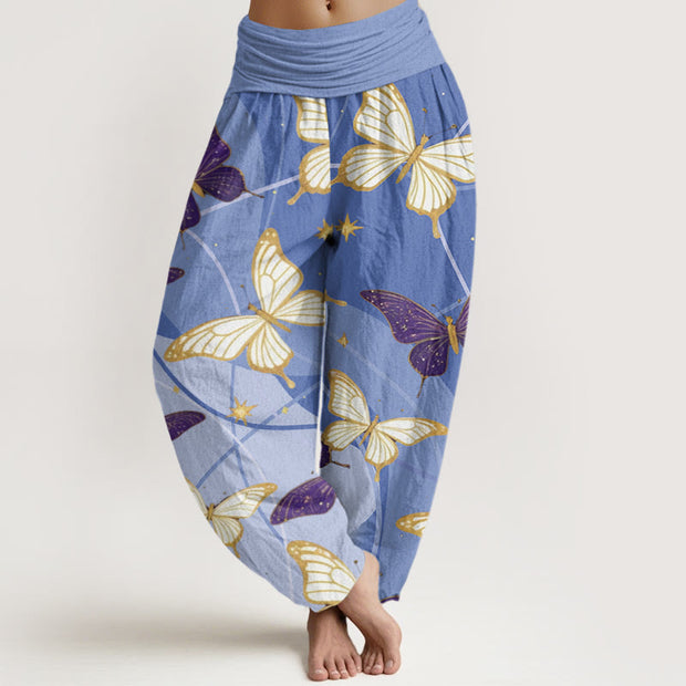 Buddha Stones Vintage Yellow Purple Butterfly Pattern Women's Elastic Waist Harem Pants