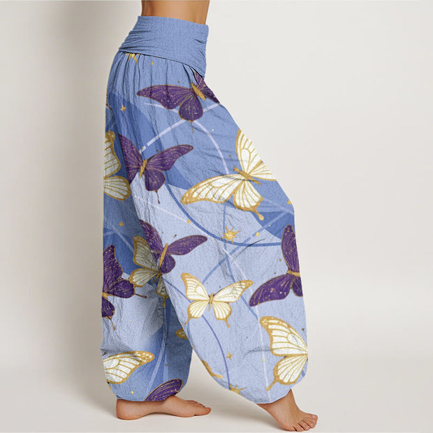 Buddha Stones Vintage Yellow Purple Butterfly Pattern Women's Elastic Waist Harem Pants