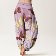 Buddha Stones Vintage Yellow Purple Butterfly Pattern Women's Elastic Waist Harem Pants