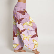 Buddha Stones Vintage Yellow Purple Butterfly Pattern Women's Elastic Waist Harem Pants