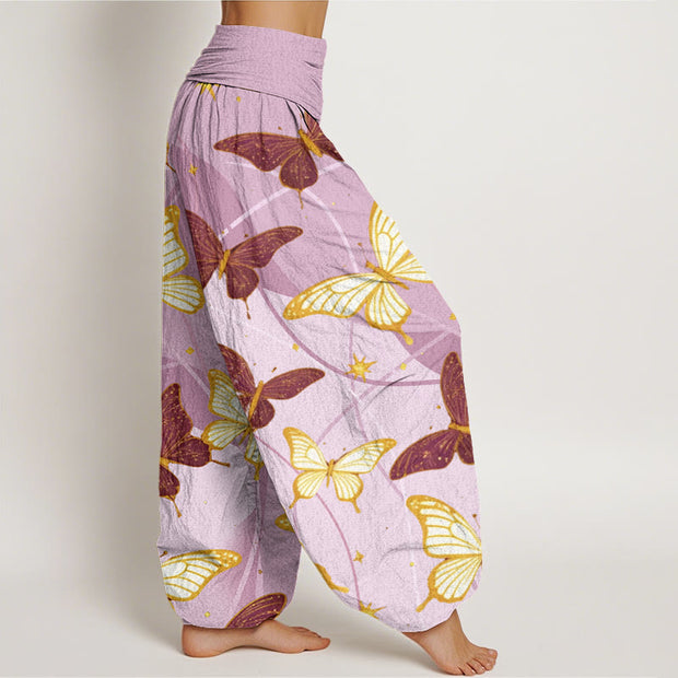 Buddha Stones Vintage Yellow Purple Butterfly Pattern Women's Elastic Waist Harem Pants