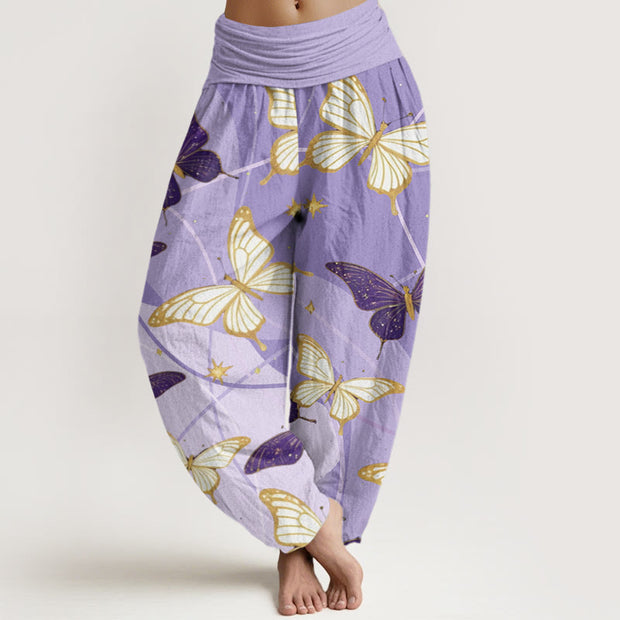 Buddha Stones Vintage Yellow Purple Butterfly Pattern Women's Elastic Waist Harem Pants