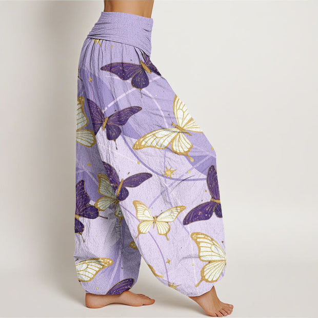 Buddha Stones Vintage Yellow Purple Butterfly Pattern Women's Elastic Waist Harem Pants