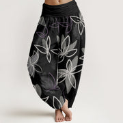 Buddha Stones Casual Flower Pattern Women's Elastic Waist Harem Pants - Black - US22，UK/AU26，EU54 (6XL) - image 8