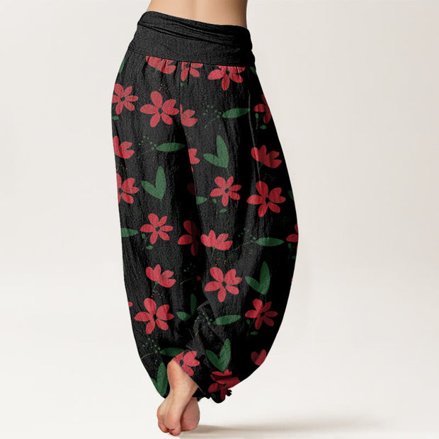 Buddha Stones Casual Red Flower Green Leaves Pattern Women's Elastic Waist Harem Pants