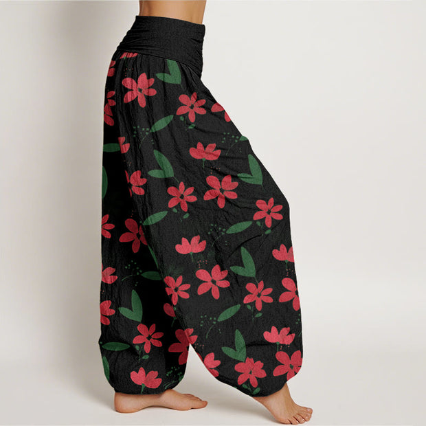 Buddha Stones Casual Red Flower Green Leaves Pattern Women's Elastic Waist Harem Pants