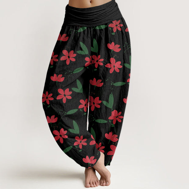 Buddha Stones Casual Red Flower Green Leaves Pattern Women's Elastic Waist Harem Pants