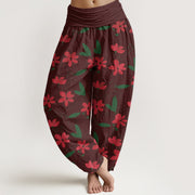Buddha Stones Casual Red Flower Green Leaves Pattern Women's Elastic Waist Harem Pants
