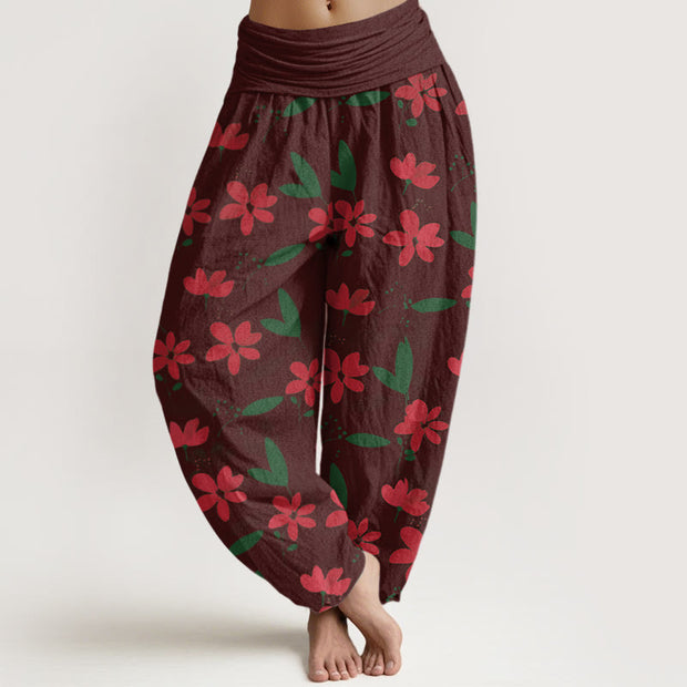 Buddha Stones Casual Red Flower Green Leaves Pattern Women's Elastic Waist Harem Pants