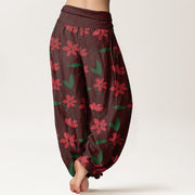 Buddha Stones Casual Red Flower Green Leaves Pattern Women's Elastic Waist Harem Pants