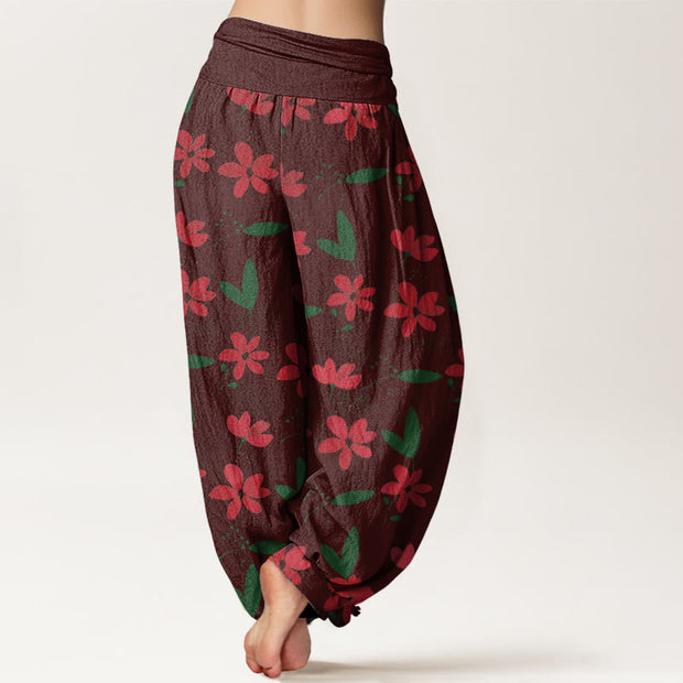 Buddha Stones Casual Red Flower Green Leaves Pattern Women's Elastic Waist Harem Pants