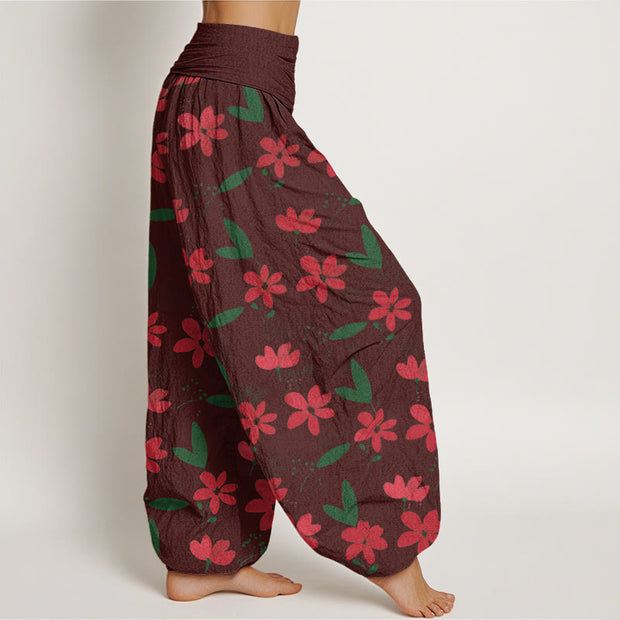 Buddha Stones Casual Red Flower Green Leaves Pattern Women's Elastic Waist Harem Pants