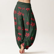 Buddha Stones Casual Red Flower Green Leaves Pattern Women's Elastic Waist Harem Pants